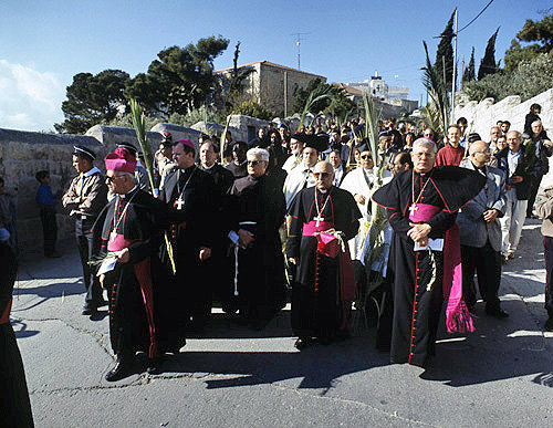 Israel, Jerusalem, Palm Sunday, Roman Catholic Cardinals leading the procession from the Mount of Olives