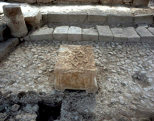 Israel, Magdala, Galilee, stone with relief carving, in newly excavated first century synagogue