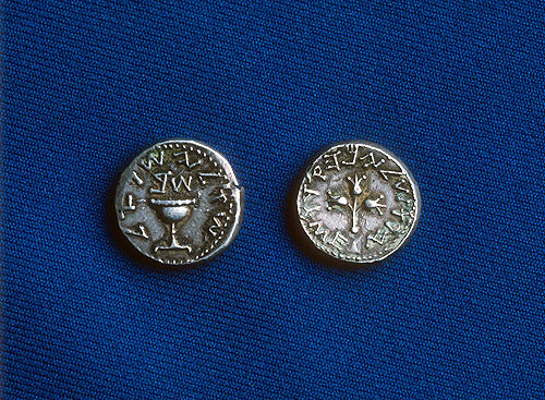 Two coins from first century Jewish revolt, Israel Musum, Jerusalem, Israel
