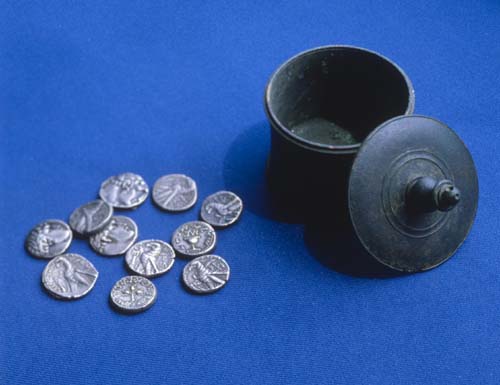 Coins from first Jewish revolt, AD 66, and tithes from 1st century AD, Israel Museum, Jerusalem, Israel