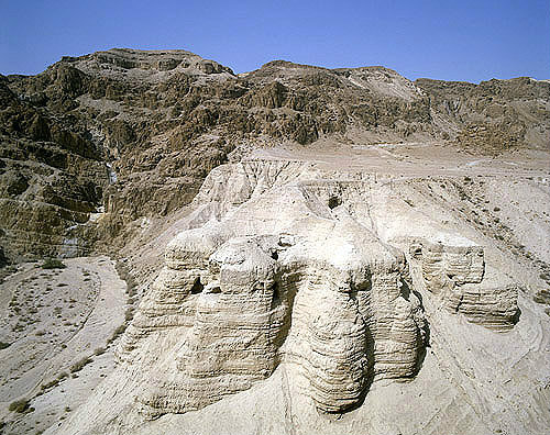 Caves where the Dead Sea Scrolls were found in 1947, aerial, Qumran, Israel