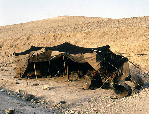 Israel,  Bedouin woman outside her tent in the Judean Hills between Jerusalem and Jericho