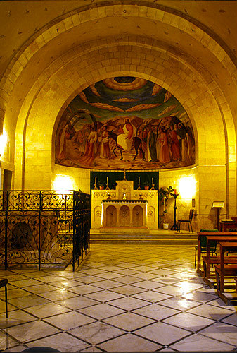 Israel, Jerusalem, Bethphage Franciscan church interior, Altar and mural showing Palm Sunday