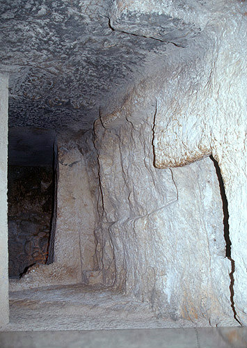 Israel, Jerusalem, St Peter in Gallicantu, passageway through doorway beneath Caiaphas House