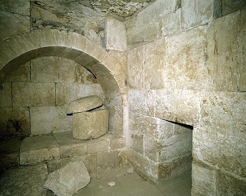 Israel, sarcophagus in the inner chamber of a tomb with a rolling stone south west of Jerusalem