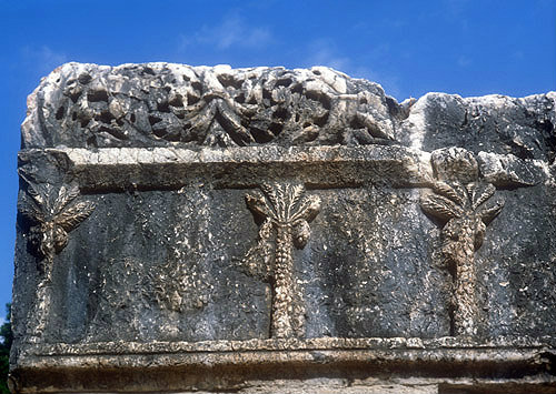 Relief of three palm trees on lintel over doorway to fourth-century synagogue, Capernaum, Israel