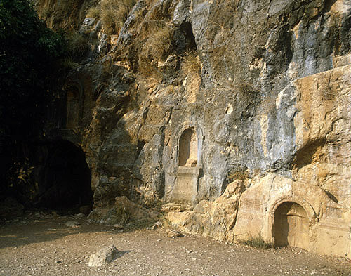 Israel, Caesarea in Philippi (Banyas), niches with Greek inscriptions where statues of Pan stood