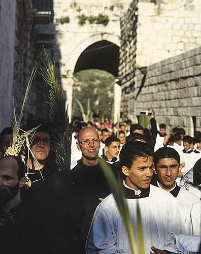 Israel, Jerusalem, Palm Sunday, clergy leading the procession along the Via Dolorosa