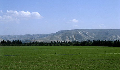 Israel, the mountains of Gilead in Jordan across green fields
