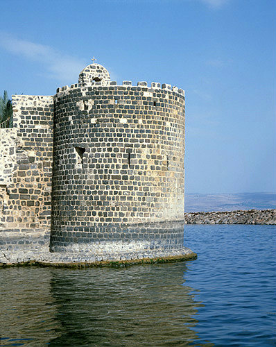 Israel, Tiberias on the Sea of Galilee, one of the black basalt towers in the city wall
