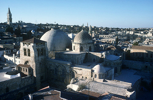 Israel, Jerusalem, the Holy Sepulchre, north facade from the Tower of the Redeemer, Church Tower of St Saviours Church top left