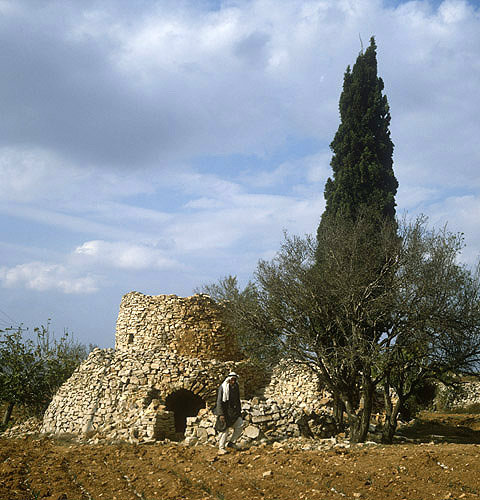 Israel, stone watch tower and arab farmer in Samaria