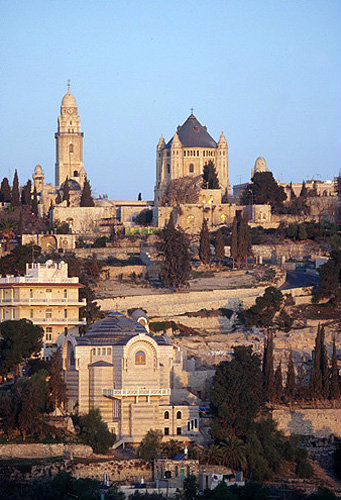 Israel, Jerusalem, Dormition Abbey and St Peter in Gallicantu at sunrise
