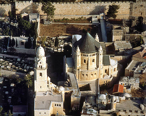 Israel, Jerusalem aerial view of Mount Zion, the Church of the Dormition and the south city wall