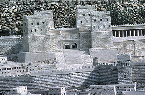 Antonia fortress, detail of model of Jerusalem at the time of the Second Temple, designed by Michael Avi Yonah in 1966, originally in Holy Land Hotel, now in Israel Museum, Jerusalem, Israel