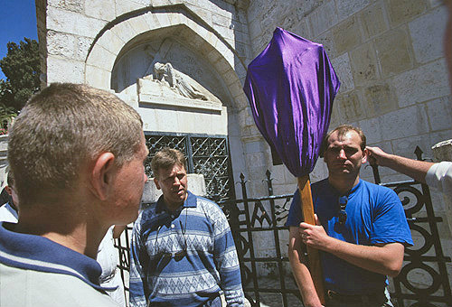 Israel, Jerusalem, Via Dolorosa, Good Friday Procession, Polish Roman Catholic Pilgrims at the third station of the cross