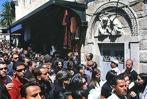 Israel, Jerusalem, Via Dolorasa, Good Friday Procession,  Roman Catholic Arabs at the fourth station of the cross