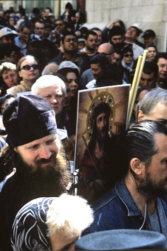 Israel, Jerusalem, Good Friday on the Via Dolorosa, Serbian Orthodox pilgrims take part in the Good Friday procession