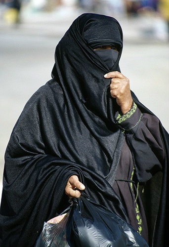 Israel, Beersheva, Bedouin market, veiled Bedouin woman