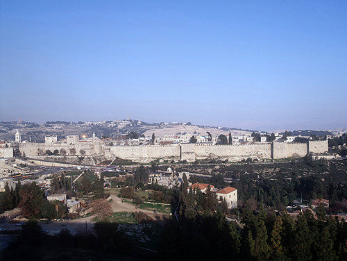 Longshot of old city, Mount of Olives beyond, Jerusalem, Israel