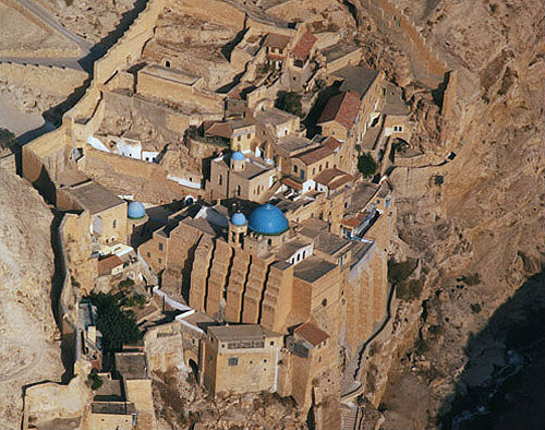 Mar Saba Greek Orthodox monastery, founded by Sabas in fifth century, south east of Jerusalem, aerial view from south east, Israel