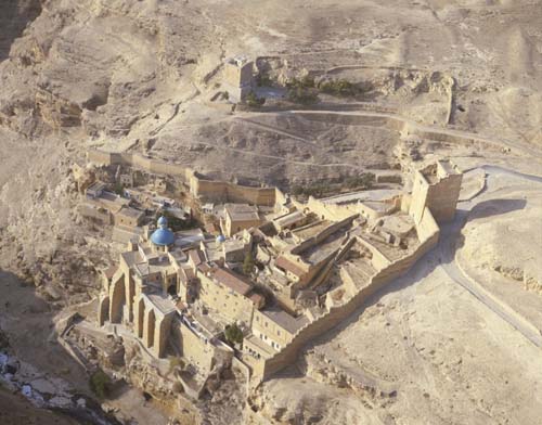 Mar Saba Monastery, Greek Orthodox, founded by St Saba of Cappadocia in 439, overlooking Kidron valley on West Bank, Israel