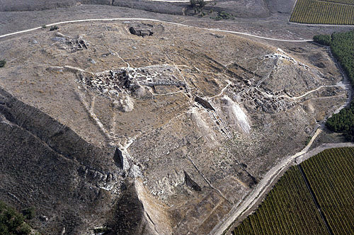 Lachish Tel, site of ancient near east city, seen from north west, aerial photograph, Lachish, Israel