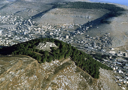 Ruins on Mount Gerizim, Nablus, (ancient Shechem) in the valley below, aerial, Samaria, Israel