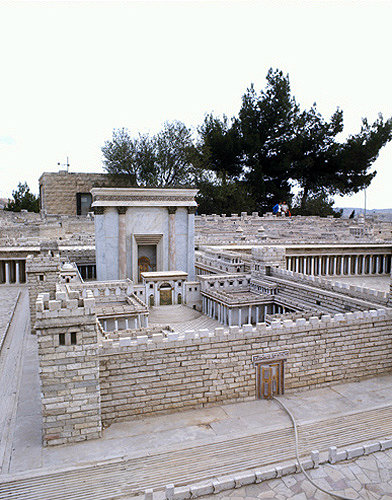Second Temple, detail of model of Jerusalem at the time of the Second Temple, designed by Michael Avi Yonah in 1966, originally in Holy Land Hotel, now in Israel Museum, Jerusalem, Israel