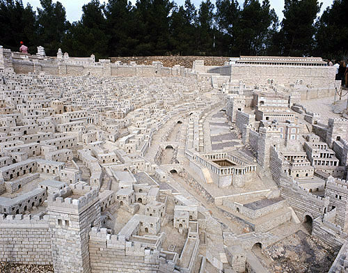 Pool of Siloam and small houses, detail of model of Jerusalem at the time of the Second Temple, originally in Holy land Hotel, now in Israel Museum, Jerusalem, Israel
