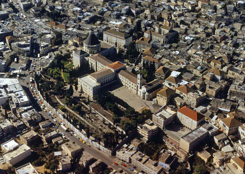 Israel, aerial view of Nazareth and the Church of the Annunciation built in 1960-9