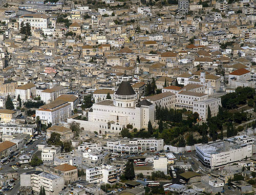 Israel, aerial view of Nazareth with the Church of the Annunciation