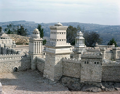 Three towers built by Herod, Phasael, foreground, Hippicus and Mariamne, detail of model of Jerusalem at the time of the Second Temple, Israel Museum, Jerusalem, Israel