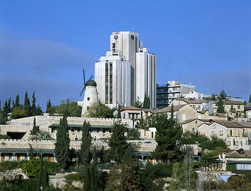 Israel, Jerusalem, the Montefiore windmill and the Sheraton hotel