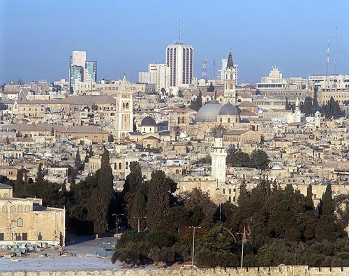 Old City, Church of Holy Sepulchre and Church of Redeemer seen from Mount of Olives, Jerusalem, Israel