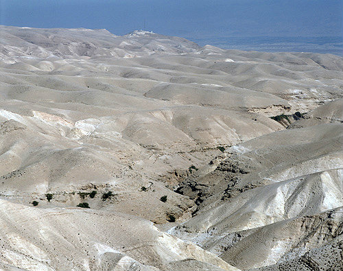 Israel,  Wadi Qilt looking east over the Judean Hills towards the Hills of Moab in Jordan