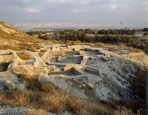 Israel, Beth Shean, some of the ruins on top of the Tel, hills of Moab seen across the valley