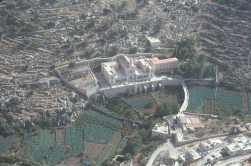Al Banat Monastery or Monastery of the Hortus Conclusus, aerial view, Artas village near Bethlehem, Israel
