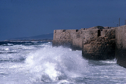 Crusader castle and rough sea, Acre, Israel