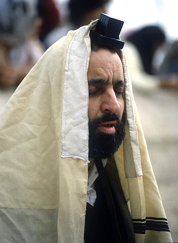 Israel, Jerusalem, a Sephardic Jew wearing the Phylactery and shawl at the Western Wall