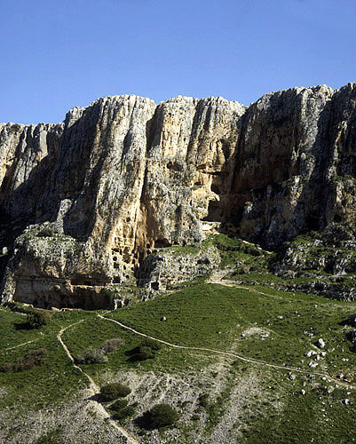 Israel, Mount Arbel, aerial view of caves occupied from the 2nd century BC