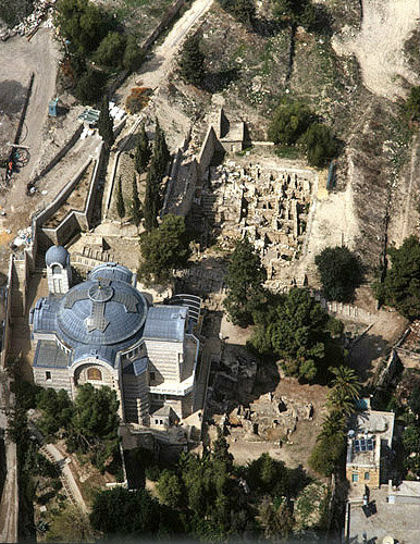 Israel, Jerusalem, aerial view of St Peter in Gallicantu Church with excavations of Caiaphas House