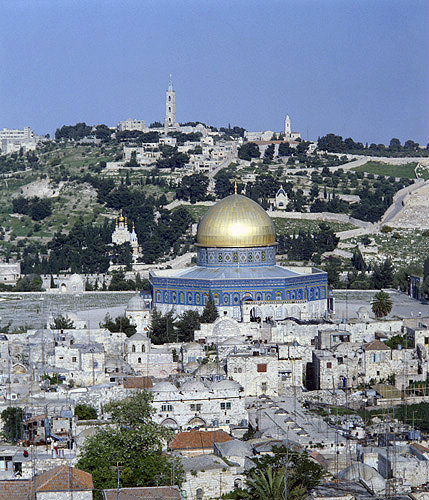Israel, Jerusalem, the Dome of the Rock, Temple area and the Mount of Olives from the Lutheran Tower
