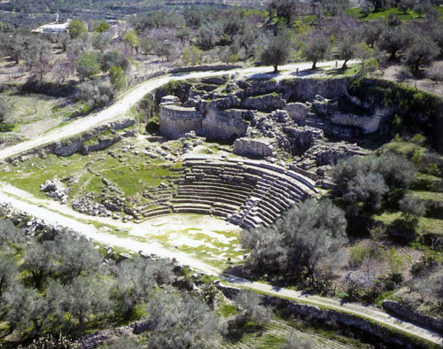 Israel, Sebaste, aerial view of 3rd century AD Roman theatre, Hellenistic tower and ruins of Hellenistic wall