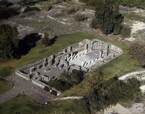 Remains of fifth century Byzantine monastery, aerial view, Kursi, on east shore of Sea of Galilee, Israel