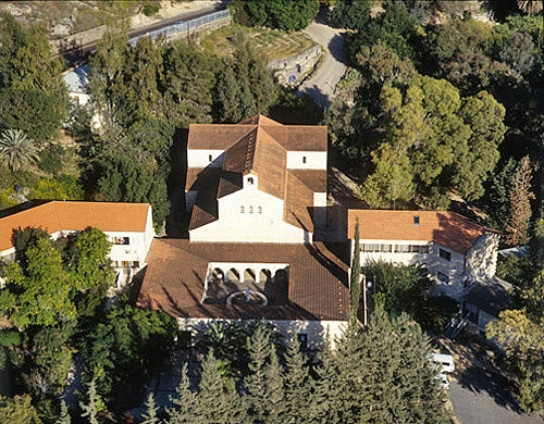 Israel, Galilee Tabgha aerial view of the Basilica of the Multiplication of the Loaves and Fishes