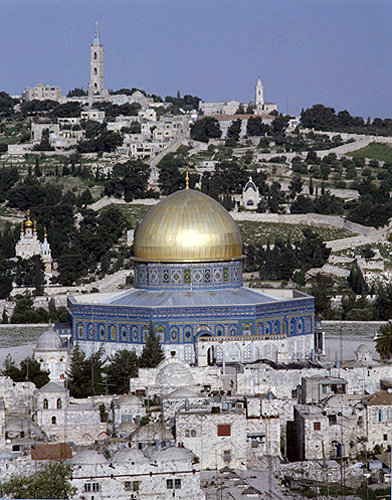 Israel, Jerusalem, the Dome of the Rock and Mount of Olives beyond seen from the Lutheran Tower