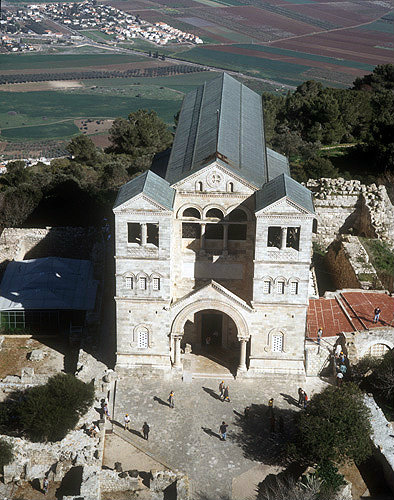 Basilica of the Transfiguration, completed 1924, on Mount Tabor, aerial, Lower Galilee, Israel