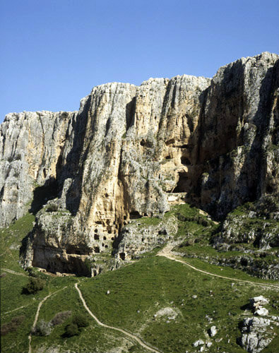 Mount Arbel, aerial view of the caves occupied from the second century BC, Israel