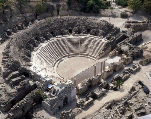 Israel, Beth Shean,  aerial view of theatre from the north east